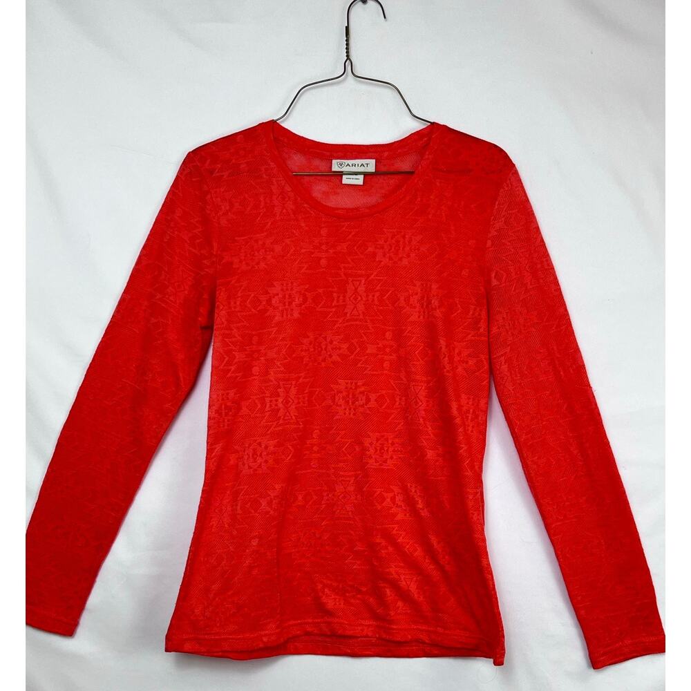 Ariat Women's Size Med Orange Burnout Long Sleeve Pullover Lightweight Shirt